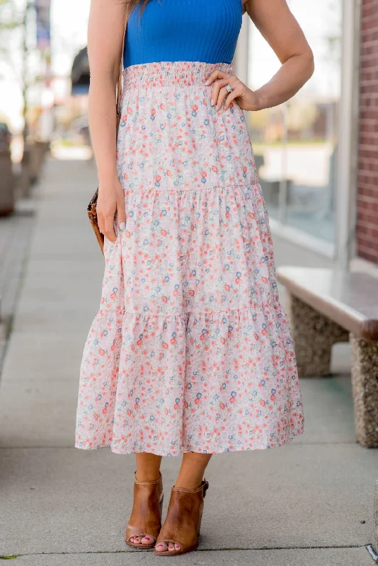 Blossoms Tiered Midi Skirt Casual Midi Look