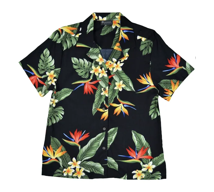 BOP Plumeria Ladies Hawaiian Aloha Camp Shirt in Black Soft Cotton Shirt