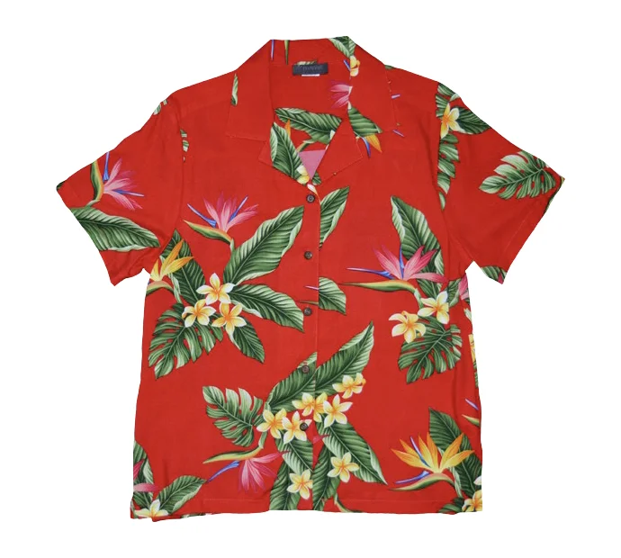 BOP Plumeria Ladies Hawaiian Aloha Camp Shirt in Red Elegant Shirt Gown