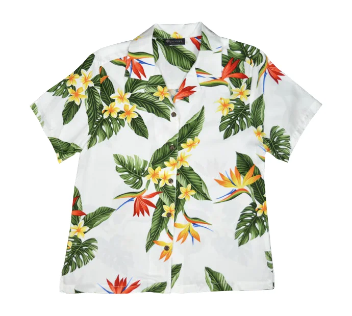 BOP Plumeria Ladies Hawaiian Aloha Camp Shirt in White Button Front Shirt