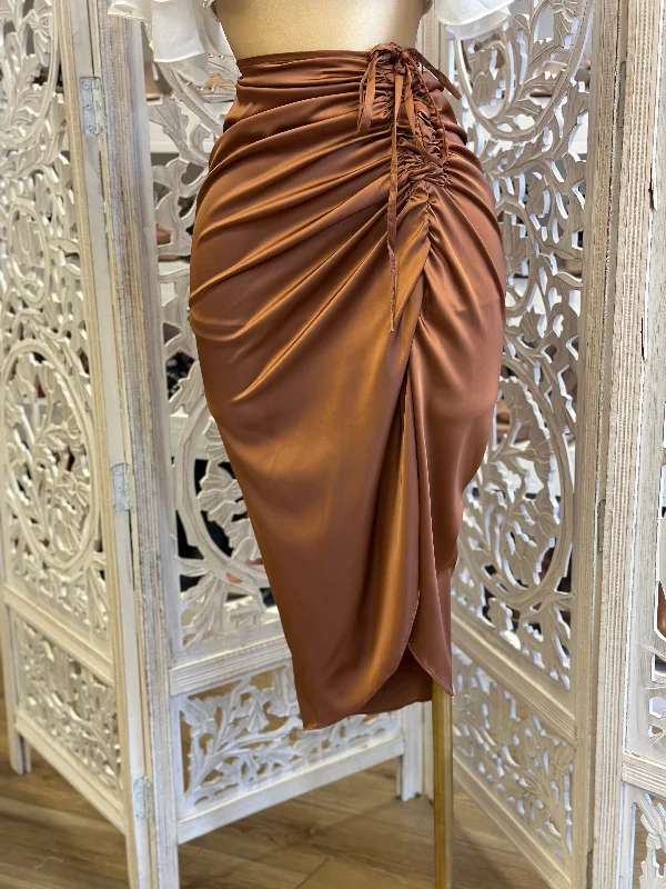 Brown Ruched Satin Midi Skirt- Stretchy Cotton Midi Skirt