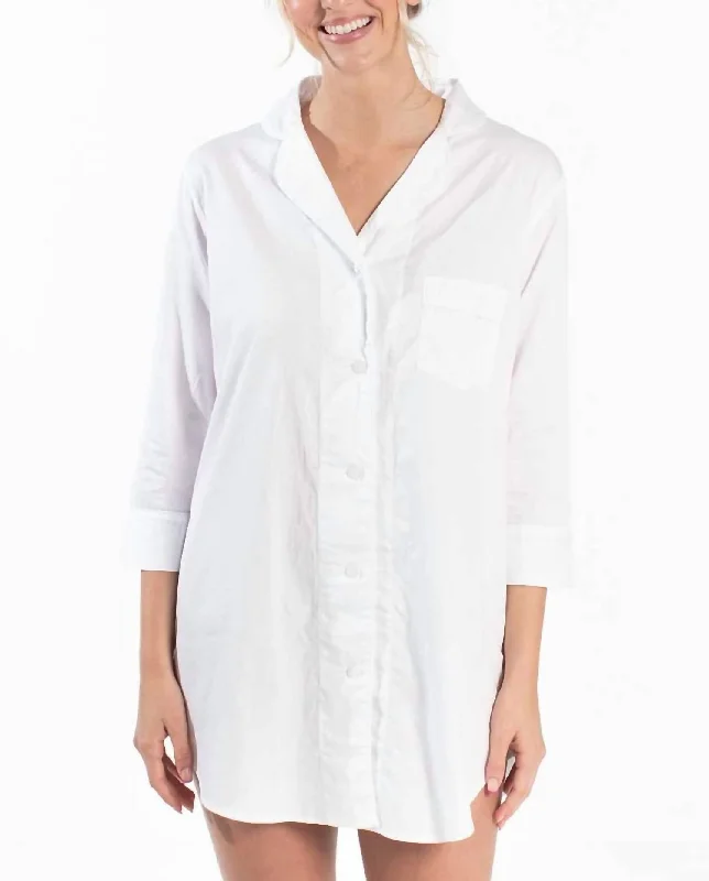 Button-Down Sleep Shirt in White Belted Button Dress