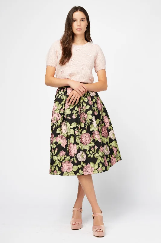 Carrie Floral Pleated Midi Skirt Soft Denim Midi