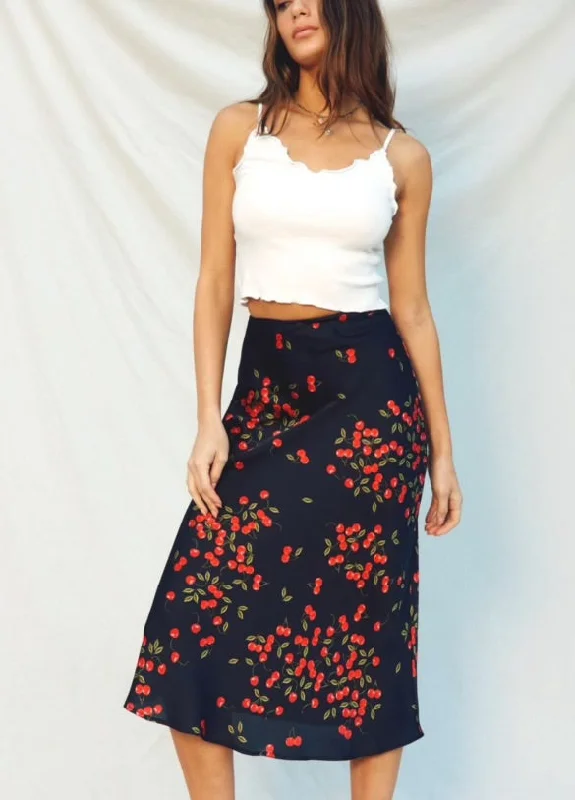 Cherry Midi Skirt- No Estira , Not Stretchy Printed Midi Skirt