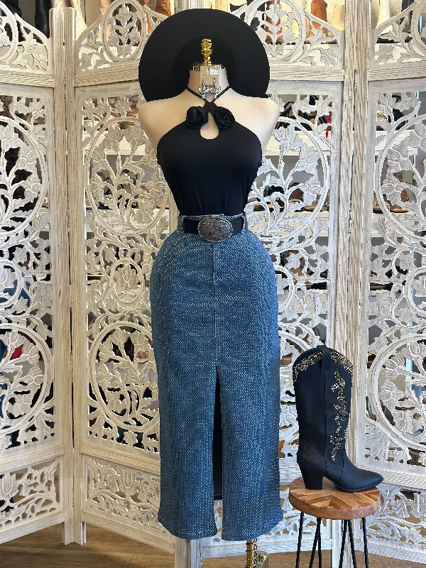 Denim Bedazzled Midi Skirt - Estira, Stretchy Midi Skirt Style