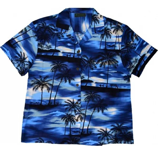 Evening Palms Ladies Tropical Hawaiian Camp Shirt in Blue Basic Shirt Dress