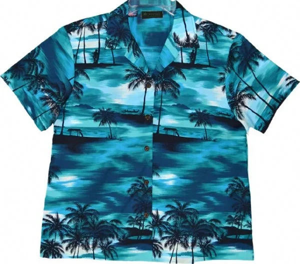 Evening Palms Ladies Tropical Hawaiian Camp Shirt in Turquoise Stylish Button Shirt