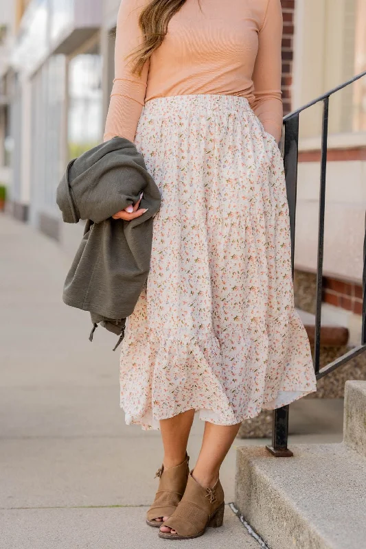 Feminine Floral Tiered Midi Skirt Midi Skirt Party