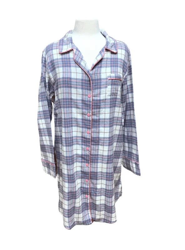 Flannel Nightshirt in Grey Plaid Short Sleeve Shirt Dress