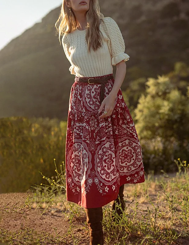 Freyja Red Medallion Print Midi Skirt Pleated Midi Skirt