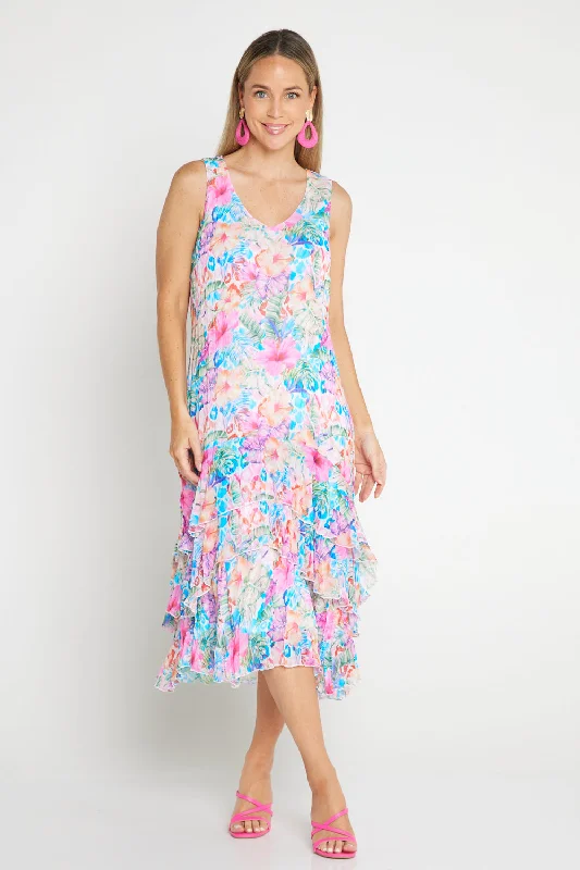 Georgette Digital Print Tiered Dress - Sapphire Blooms (Pink Floral) Organza floral dresses