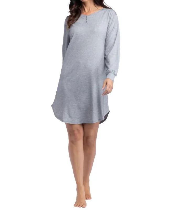 Hannah - 36" Ls Henley Sleep Shirt in Heather Grey Shirt Dress Fashion