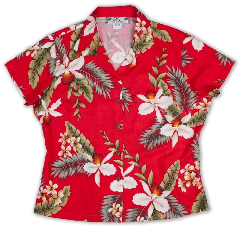 Hawaiian Orchid Ladies Fitted Hawaiian Aloha Shirt in Red Casual Fit Shirt