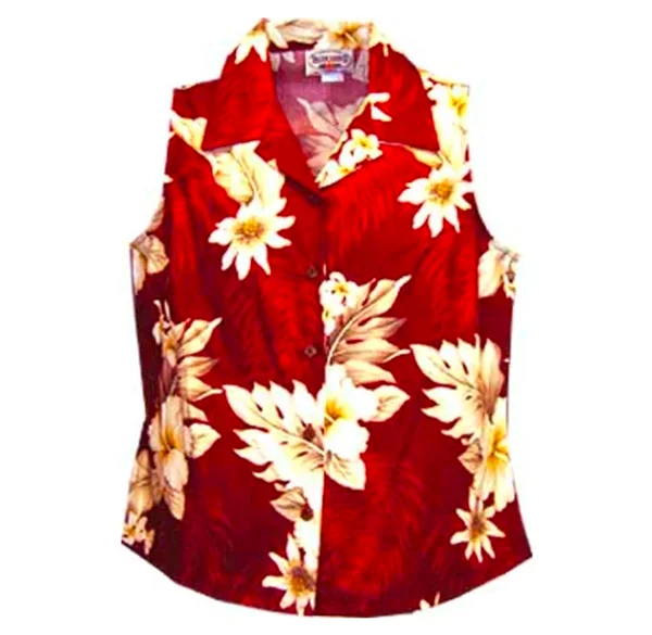 Hibiscus Dream Ladies Sleeveless Shirt in Red Button Detail Shirt