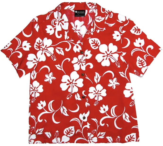 Hibiscus Paradise Ladies Tropical Hawaiian Aloha Camp Shirt in Red Tied Shirt Dress