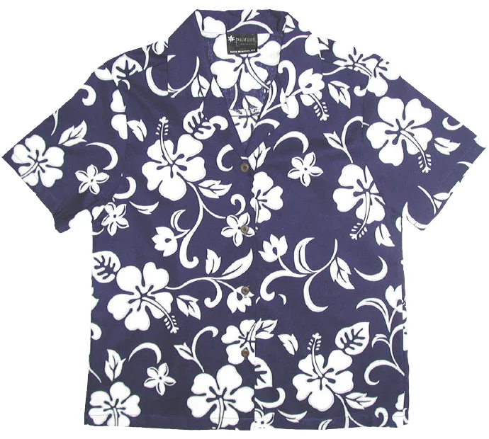 Hibiscus Paradise Ladies Tropical Hawaiian Aloha Camp Shirt in Royal Casual Dress Shirt