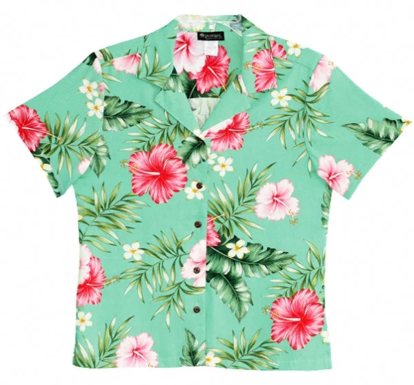 Hibiscus Summer Ladies Hawaiian Camp Shirt in Green Relaxed Fit Shirt