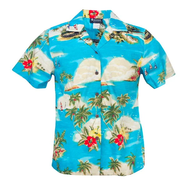 Island Sunset Ladies Hawaiian Aloha Camp Shirt in Turquoise Relaxed Shirt Gown