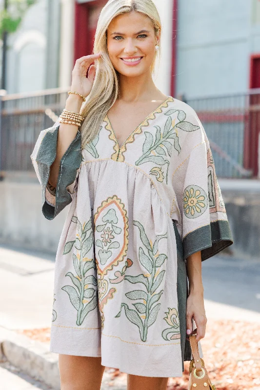 Just My Type Beige Floral Embroidery Babydoll Dress Floral dresses under $50