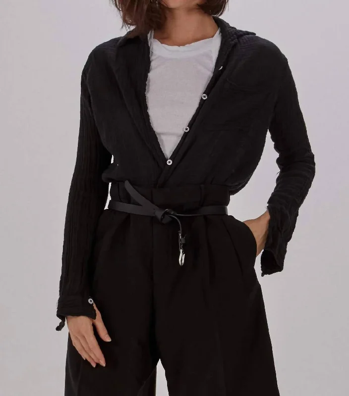 Kaya Button-Down Shirt in Black Pleated Shirt Gown