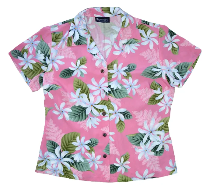 Ladies Fitted Aloha Shirt in Pink Office Shirt Dress