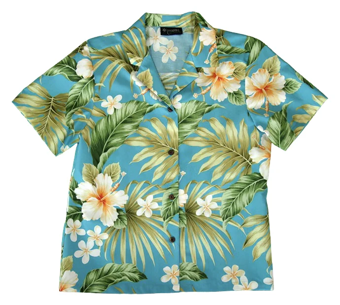 Ladies Tropical Camp Hawaiian Aloha Shirt in Blue White Linen Shirt