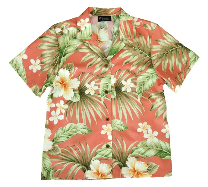 Ladies Tropical Camp Hawaiian Aloha Shirt in Coral Long Shirt Dress