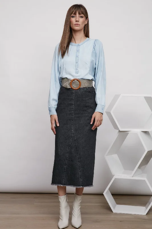 MDRN Zaria Denim Midi Skirt. Ribbed Midi Skirt