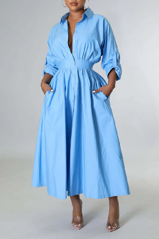 Stylish Ruched Elastic Waist Shirt Dress Loose Shirt Dress