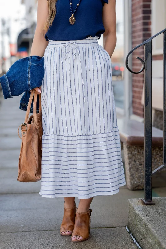 Mixed Stripes Ruffle Bottom Midi Skirt Wrap Midi Skirt