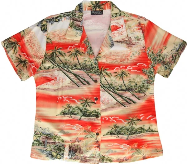 Ocean Breeze Ladies Fitted Aloha Shirt in Orange Soft Shirt Dress