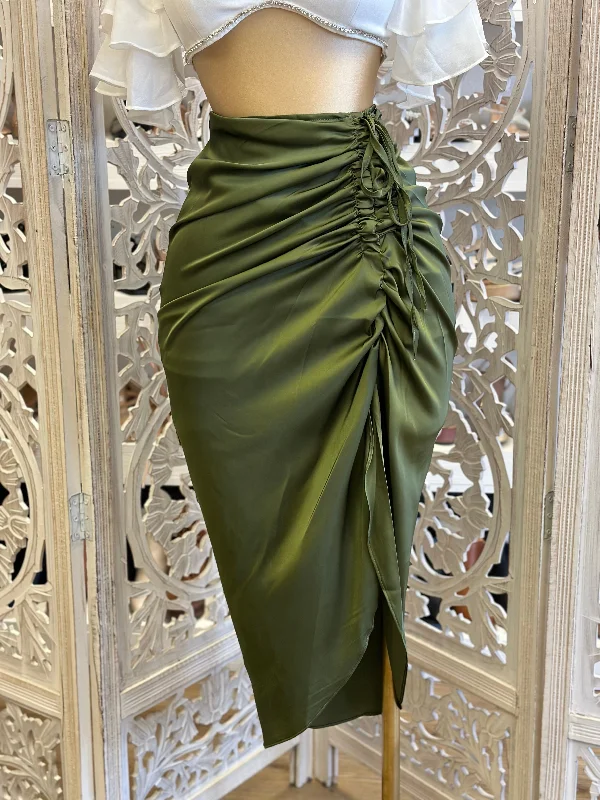 Olive Ruched Satin Midi Skirt- Stretchy Maxi Length Midi