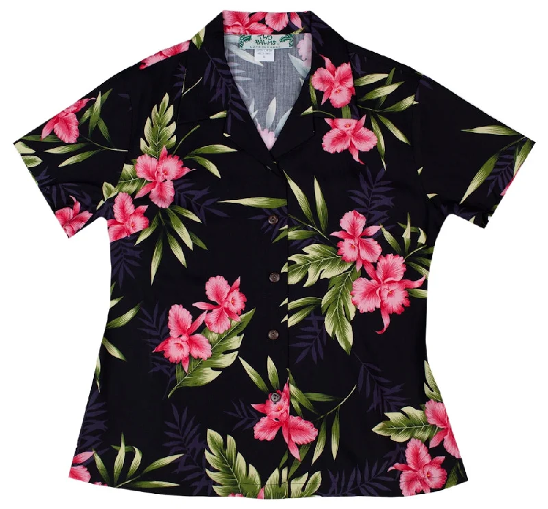 Orchid Fern Ladies Fitted Hawaiian Aloha Shirt in Black Feminine Shirt Dress