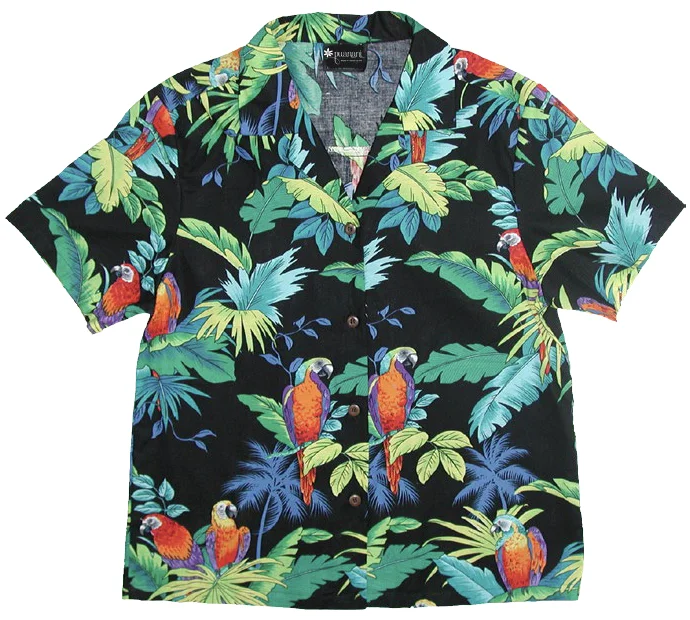 Paradise Parrots Ladies Tropical Hawaiian Aloha Camp Shirt in Black V-neck Shirt Dress