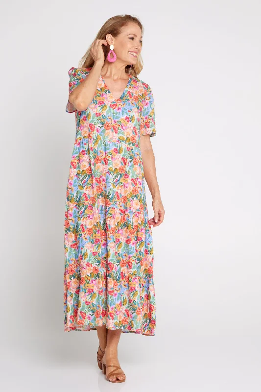 Patrice Cotton & Linen Dress - Bright Floral Long floral dresses