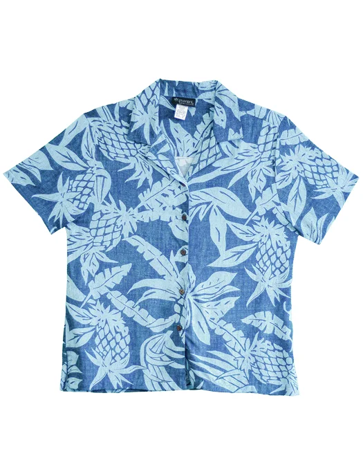 Pineapple Twist Ladies Hawaiian Camp Shirt in Blue Sexy Shirt Gown