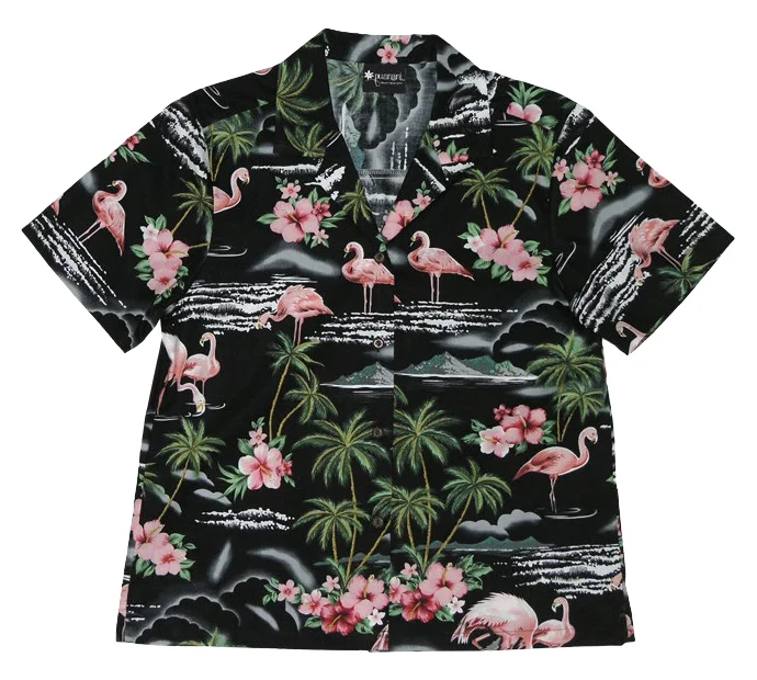 Pink Flamingo Ladies Tropical Hawaiian Aloha Camp Shirt in Black Dress Shirt Chic