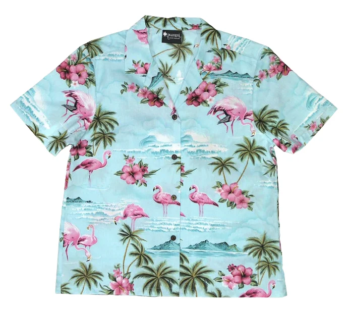 Pink Flamingo Ladies Tropical Hawaiian Aloha Camp Shirt in Blue Sexy Shirt Dress