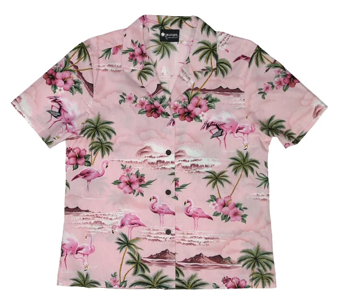 Pink Flamingo Ladies Tropical Hawaiian Aloha Camp Shirt in Pink Stretch Shirt Dress