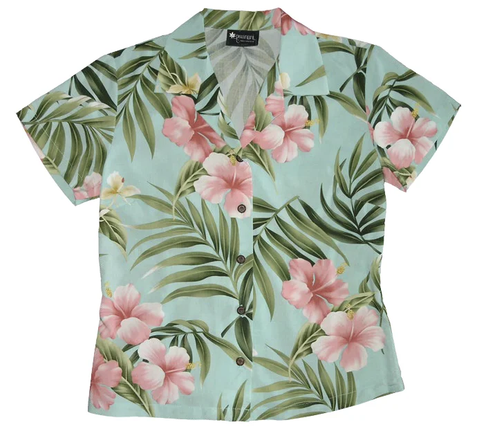 Pink Hibiscus Ladies Fitted Aloha Shirt in Aqua Silk Shirt Dress