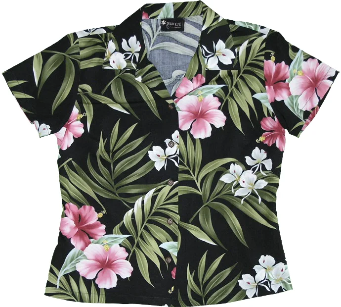 Pink Hibiscus Ladies Fitted Aloha Shirt in Black Formal Shirt Dress