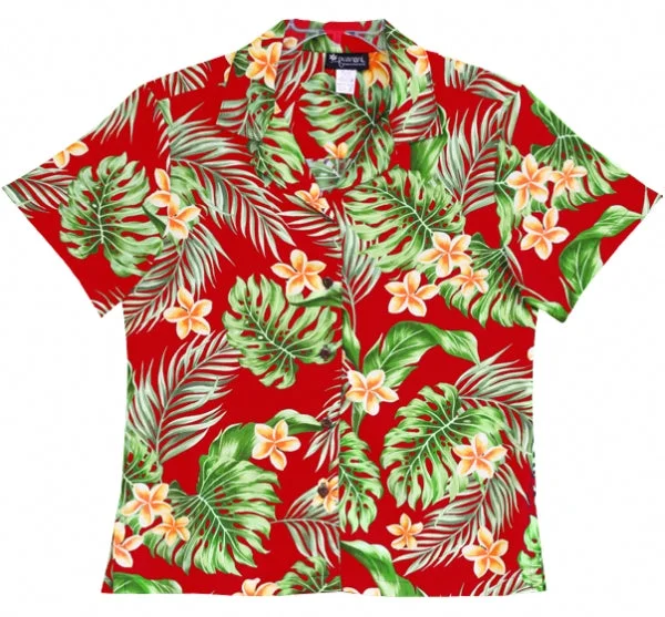 Plumeria Garden Ladies Hawaiian Aloha Camp Shirt in Red Formal Shirt Gown