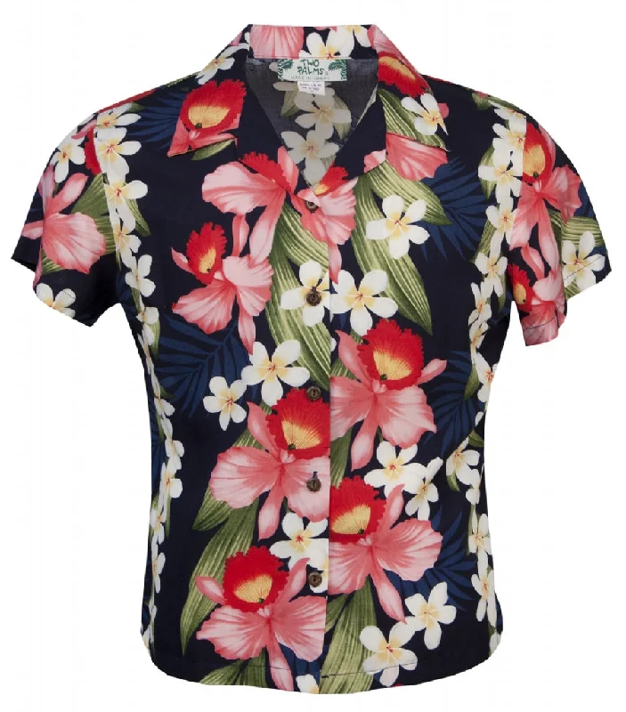 Plumeria Orchid Panel Ladies Fitted Hawaiian Aloha Shirt in Navy Shirt Dress Wrap