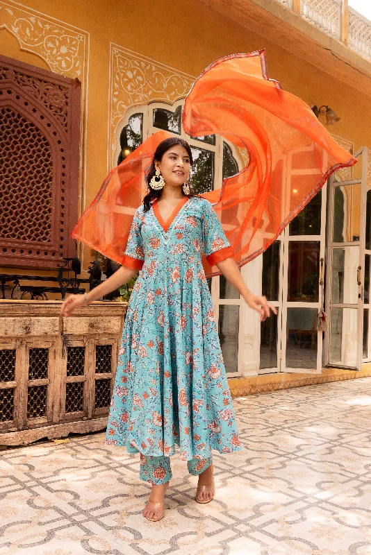 Pomcha Jaipur Gaurangi Blue Orange Cotton Floral Anarkali Set Best floral dresses for casual outings