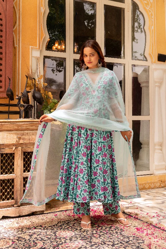 Pomcha Jaipur Gaurangi Blue Pink Cotton Printed Anarkali Set Fashion Nova floral dresses