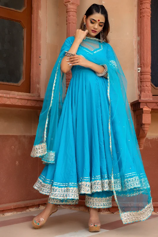 Pomcha Jaipur Kalamkari Blue Pure Cotton Anarkali Set Comfortable unclassified dresses