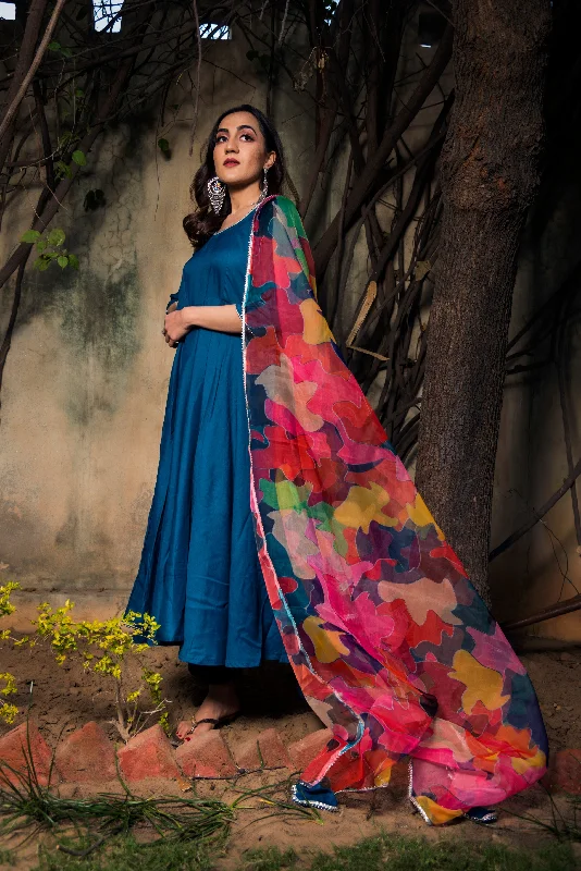 Pomcha Jaipur Lily Blue Rayon Anarkali Discounted unclassified dresses