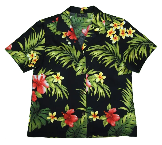 Rainforest - Ladies Tropical Camp Hawaiian Aloha Shirt in Black Floral Shirt Dress