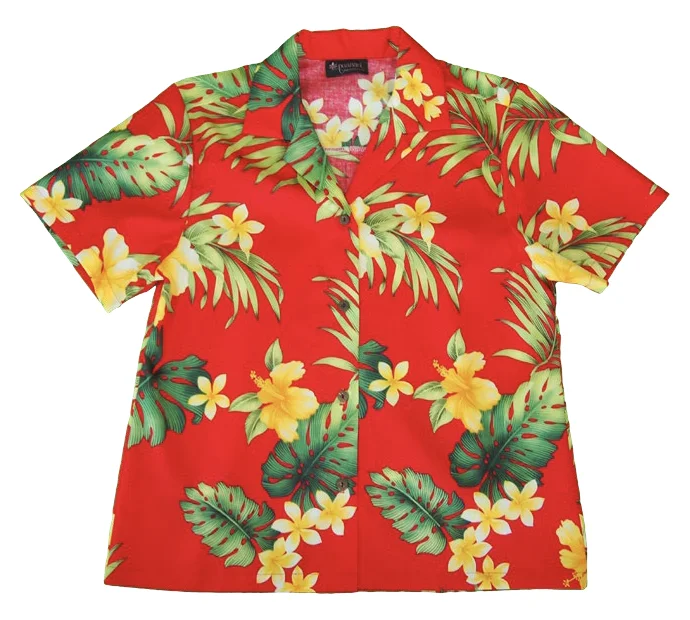 Rainforest - Ladies Tropical Camp Hawaiian Aloha Shirt in Red Simple Shirt Dress