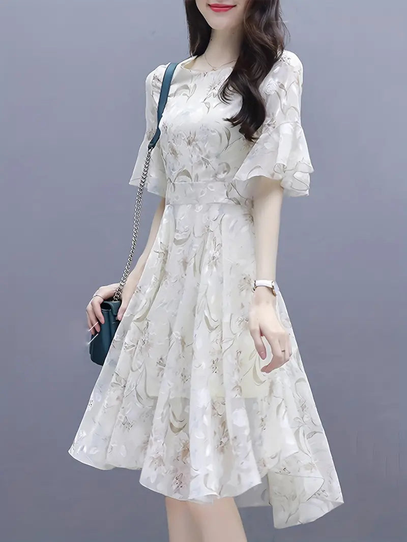 Ruffle Trim Sleeve Airy Floral Print  Chiffon Dress Short floral dresses